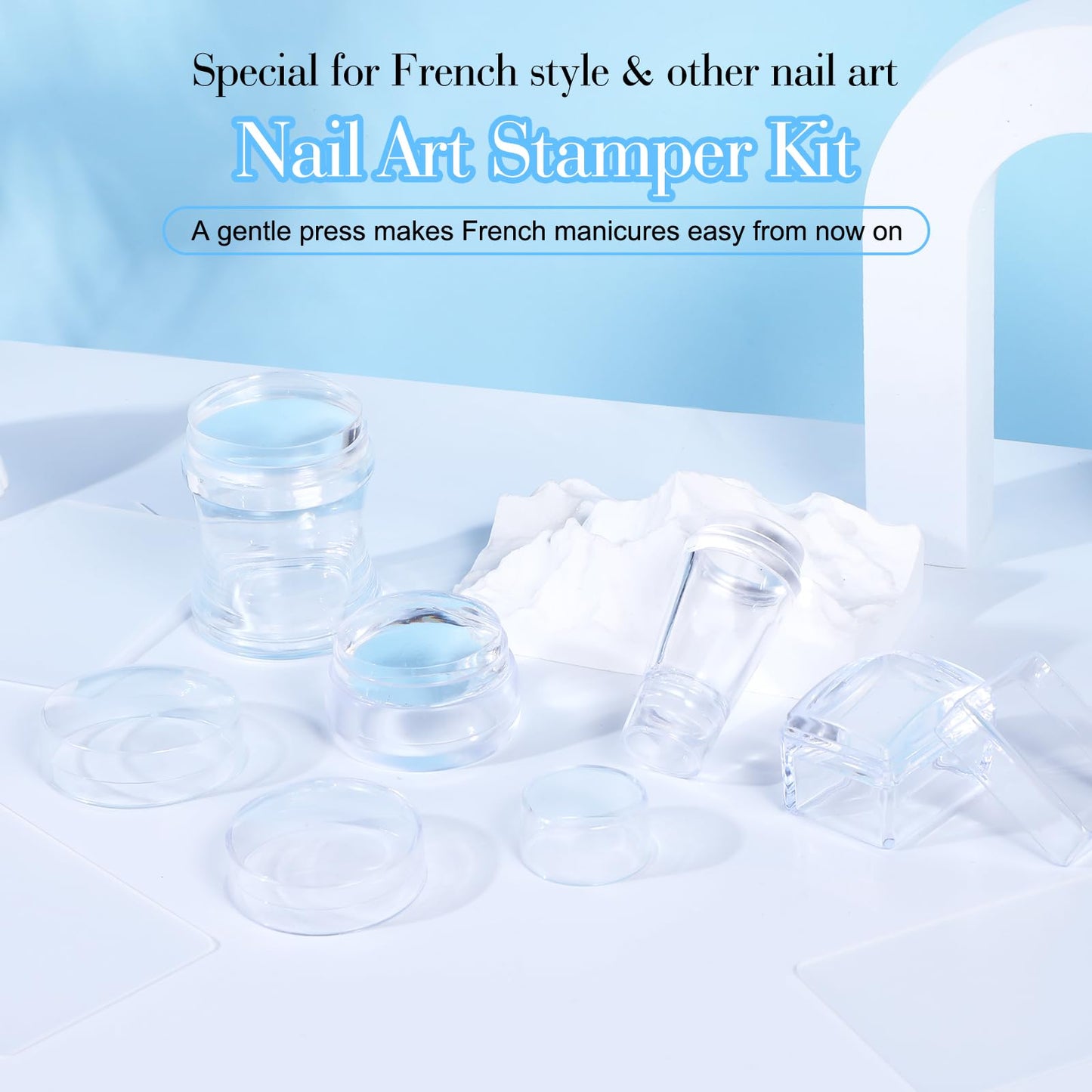 4 Pcs Nail Stamper, Clear Silicone French Nail Art Stamper Set with 4 Scrapers Round Rectangular Double Head Body Jelly Nails Art Template Tools for DIY Nail Art Manicure