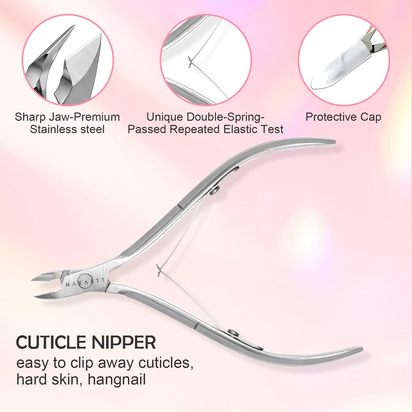 Makartt Cuticle Trimmer with Cuticle Pusher, 3 PCS Pink Nail Cuticle Nipper Professional Pedicure Manicure Tools with Stainless Steel Dual End Pusher, Nail Scraper