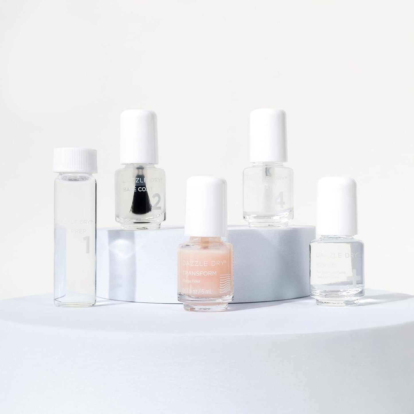 Dazzle Dry Complete Starter Mini Kit | Step 1 - Nail Prep, Step 2 - Base Coat, Step 4 - Top Coat, Transform - Ridge Filler & Revive - Polish & Top Coat Thinner.