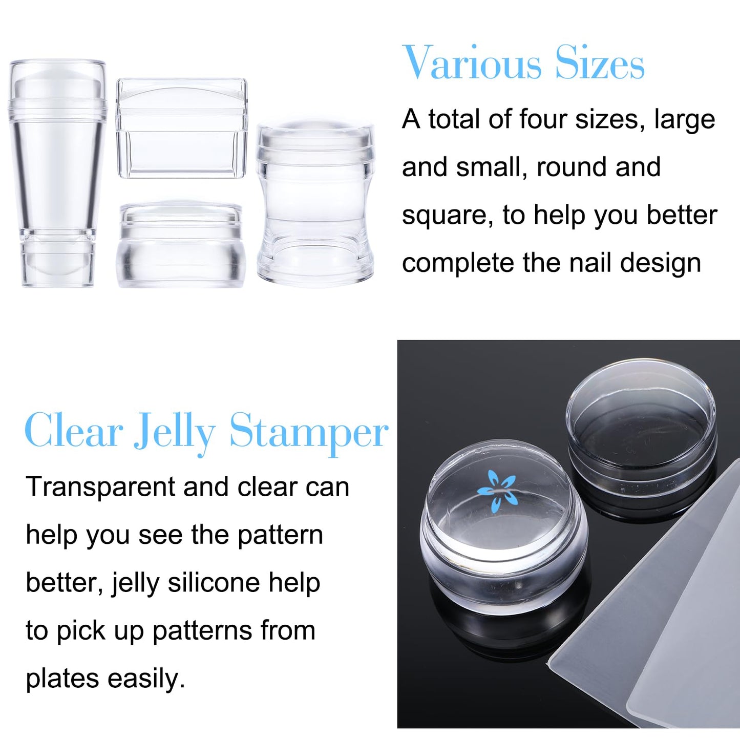 4 Pcs Nail Stamper, Clear Silicone French Nail Art Stamper Set with 4 Scrapers Round Rectangular Double Head Body Jelly Nails Art Template Tools for DIY Nail Art Manicure