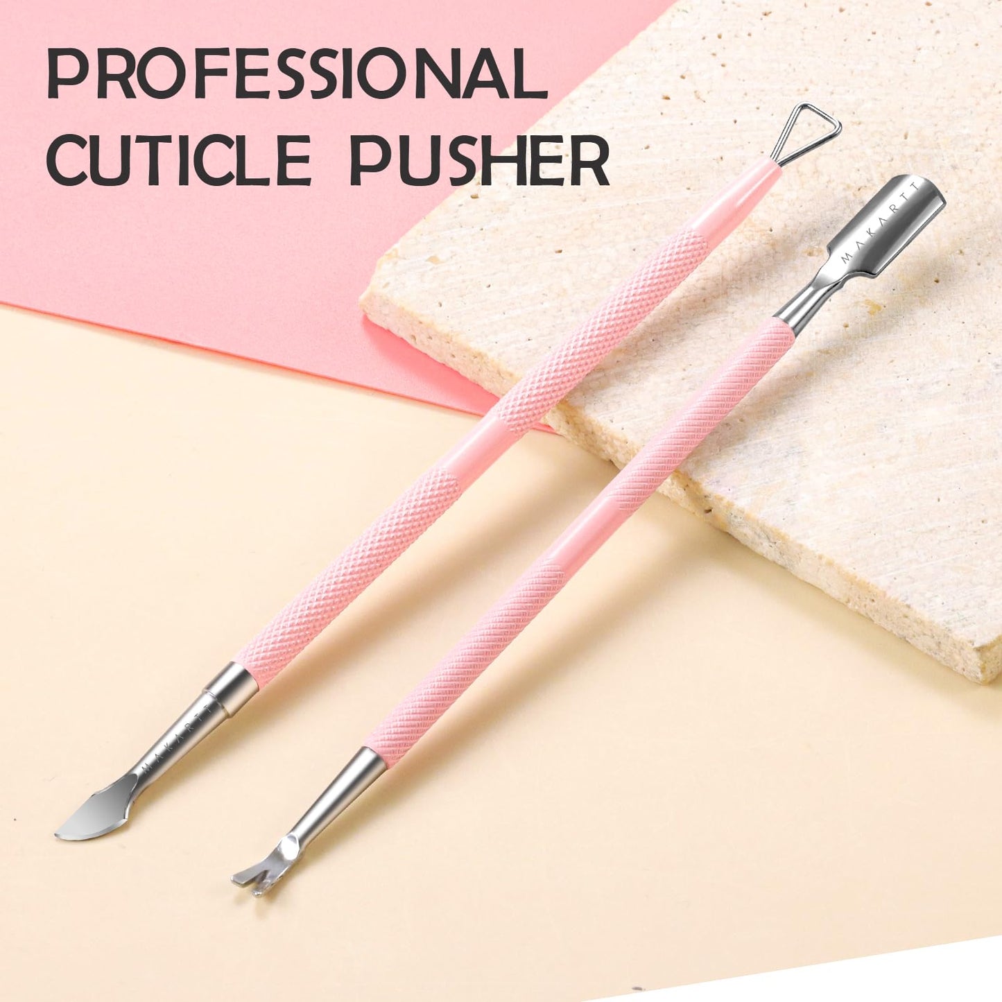 Makartt Cuticle Trimmer with Cuticle Pusher, 3 PCS Pink Nail Cuticle Nipper Professional Pedicure Manicure Tools with Stainless Steel Dual End Pusher, Nail Scraper