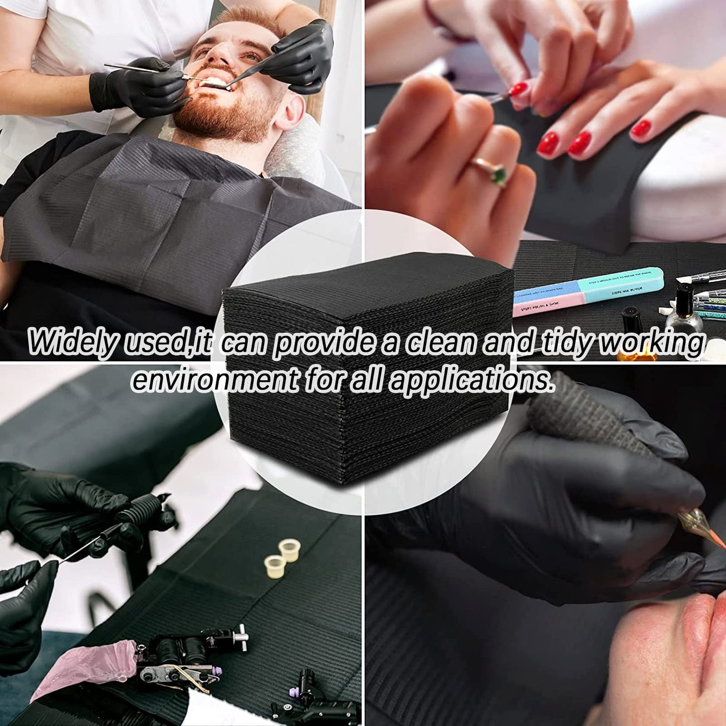 50Pcs Disposable Nail Art Table Towels 3 Ply Tissue Waterproof Lap Cloths 13" x 18" Waterproof Dental Bibs for Patients - Dentist or Medical Tray Cover and Nail Table Cover Supplies, Black