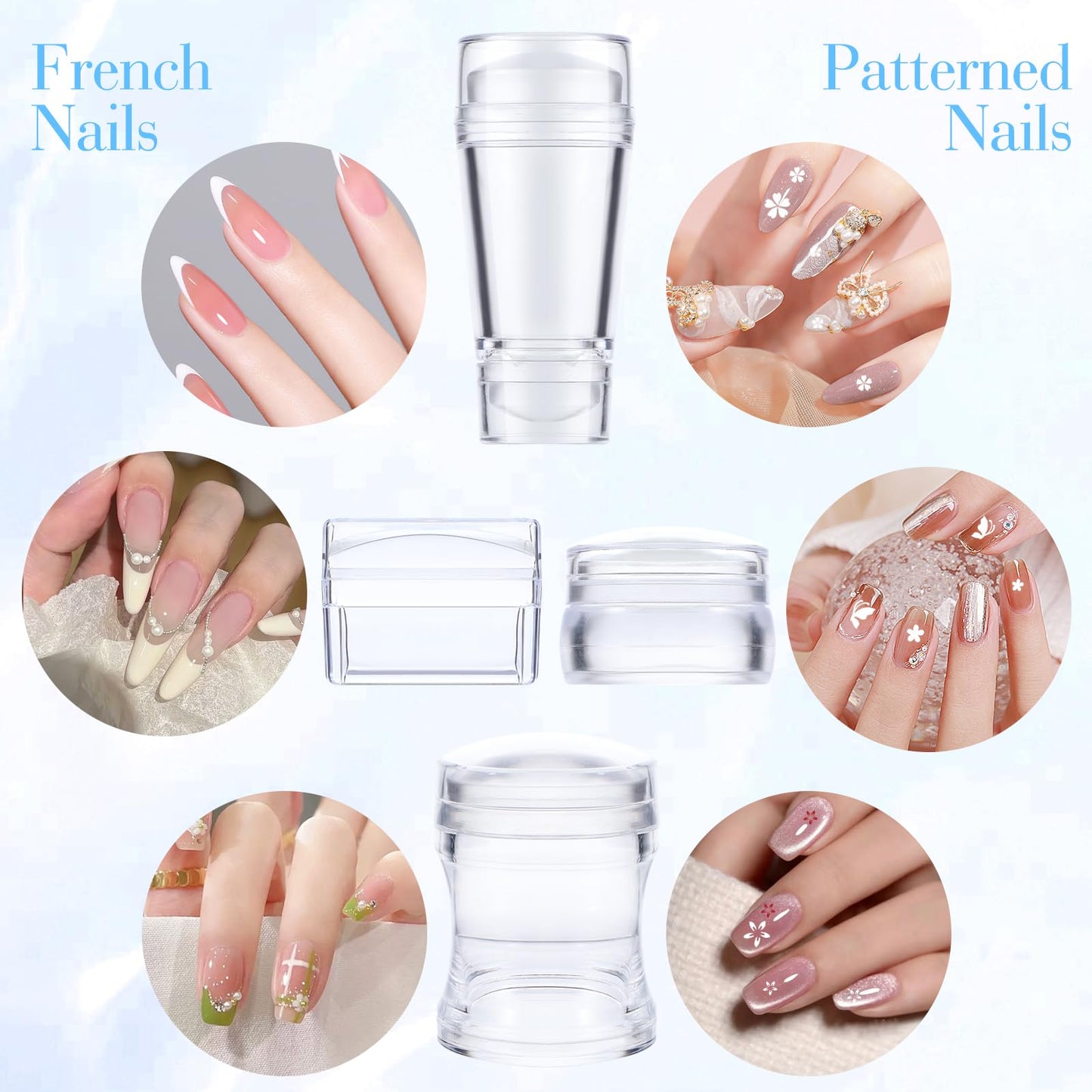 4 Pcs Nail Stamper, Clear Silicone French Nail Art Stamper Set with 4 Scrapers Round Rectangular Double Head Body Jelly Nails Art Template Tools for DIY Nail Art Manicure