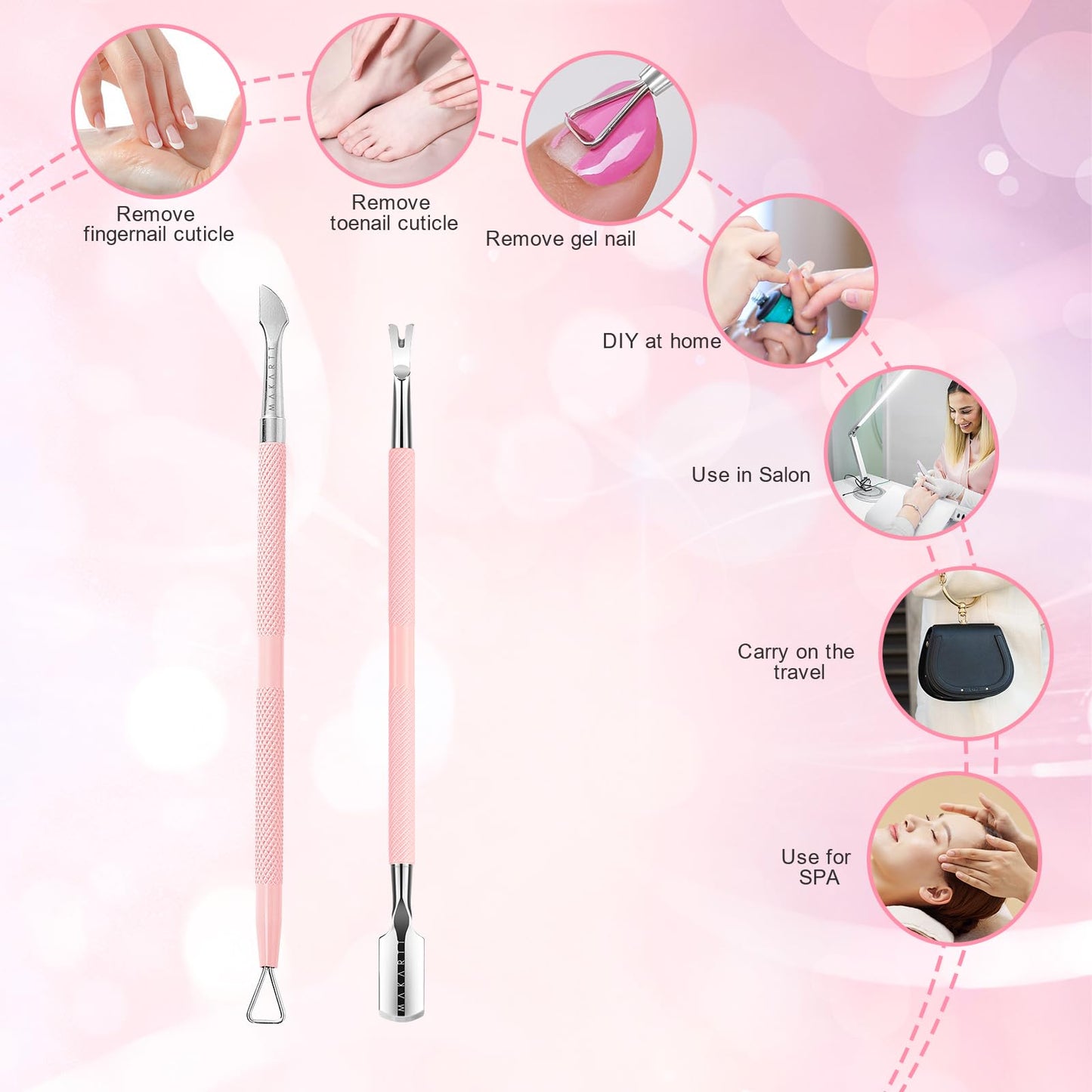 Makartt Cuticle Trimmer with Cuticle Pusher, 3 PCS Pink Nail Cuticle Nipper Professional Pedicure Manicure Tools with Stainless Steel Dual End Pusher, Nail Scraper
