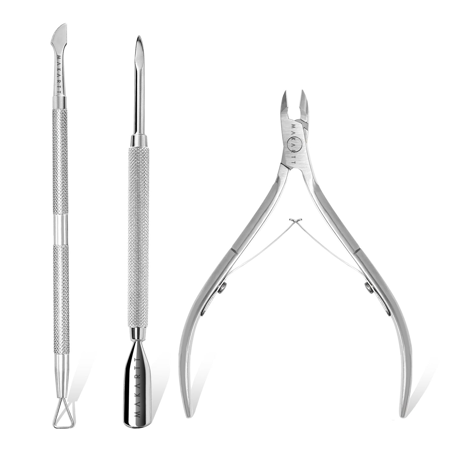 Makartt Cuticle Trimmer with Cuticle Pusher, 3 PCS Pink Nail Cuticle Nipper Professional Pedicure Manicure Tools with Stainless Steel Dual End Pusher, Nail Scraper