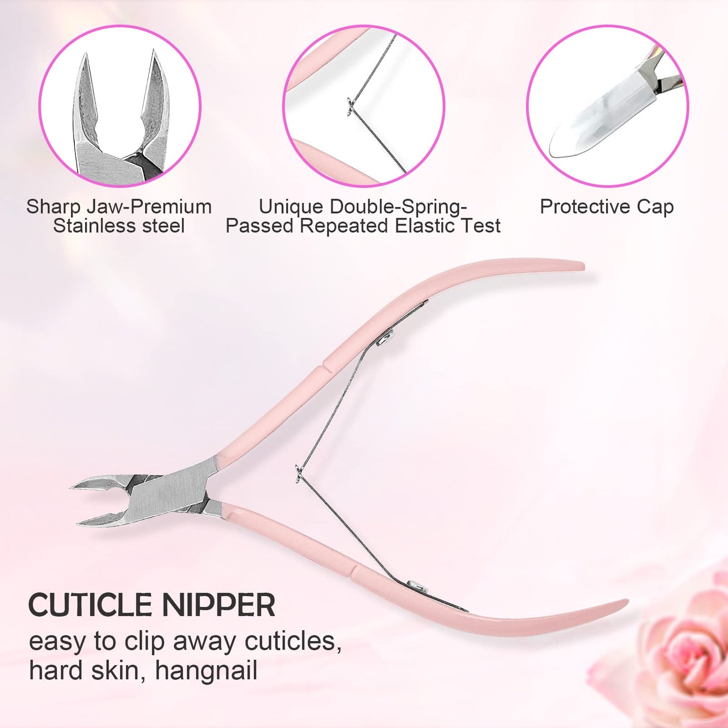 Makartt Cuticle Trimmer with Cuticle Pusher, 3 PCS Pink Nail Cuticle Nipper Professional Pedicure Manicure Tools with Stainless Steel Dual End Pusher, Nail Scraper