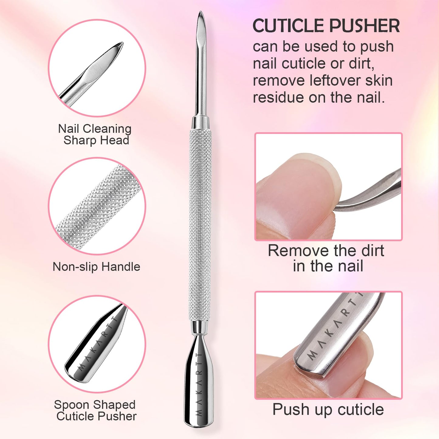Makartt Cuticle Trimmer with Cuticle Pusher, 3 PCS Pink Nail Cuticle Nipper Professional Pedicure Manicure Tools with Stainless Steel Dual End Pusher, Nail Scraper