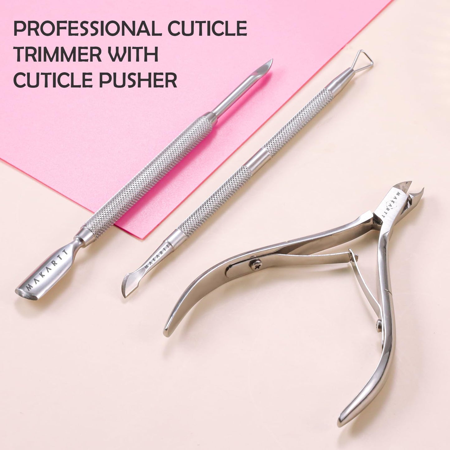Makartt Cuticle Trimmer with Cuticle Pusher, 3 PCS Pink Nail Cuticle Nipper Professional Pedicure Manicure Tools with Stainless Steel Dual End Pusher, Nail Scraper