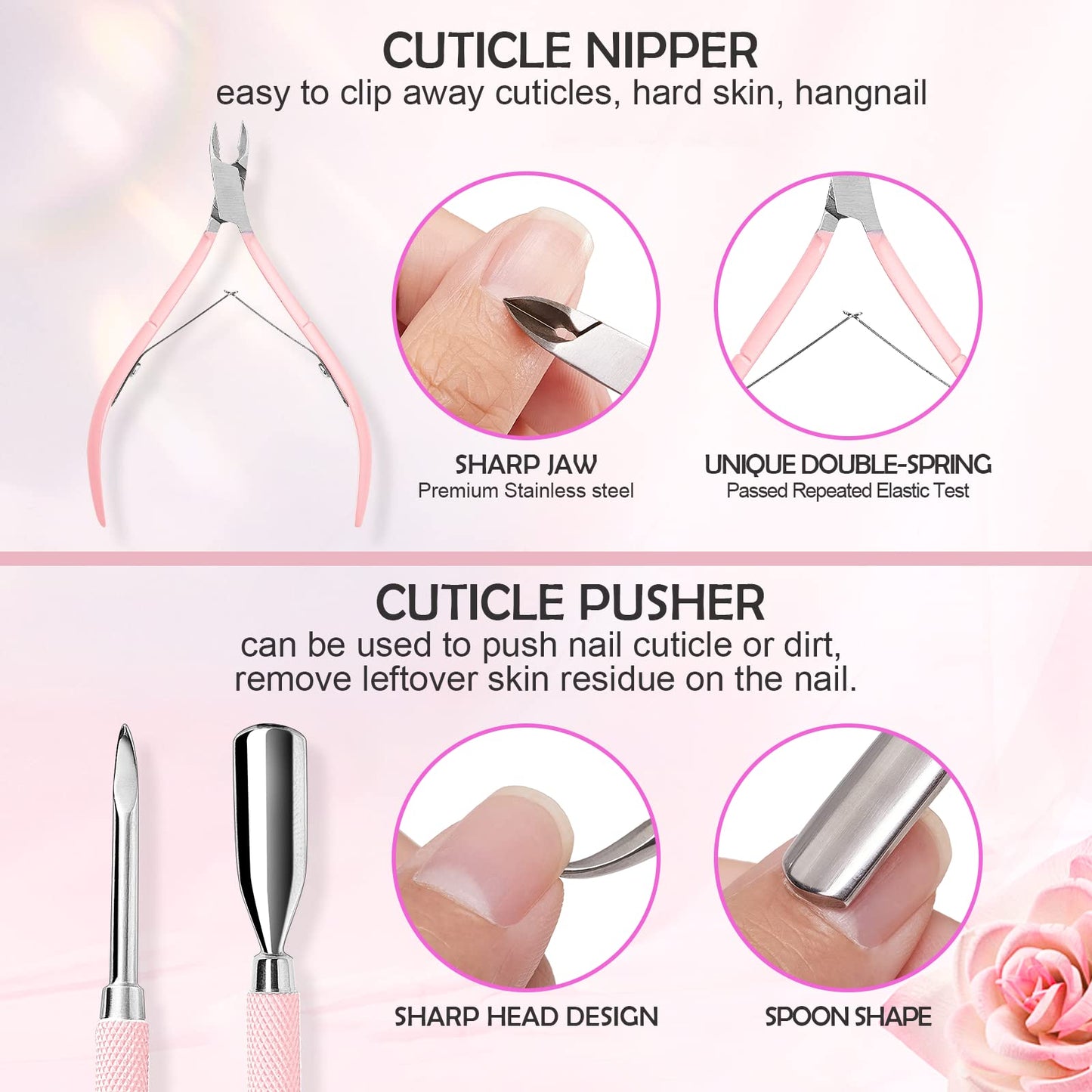 Makartt Cuticle Trimmer with Cuticle Pusher, 3 PCS Pink Nail Cuticle Nipper Professional Pedicure Manicure Tools with Stainless Steel Dual End Pusher, Nail Scraper