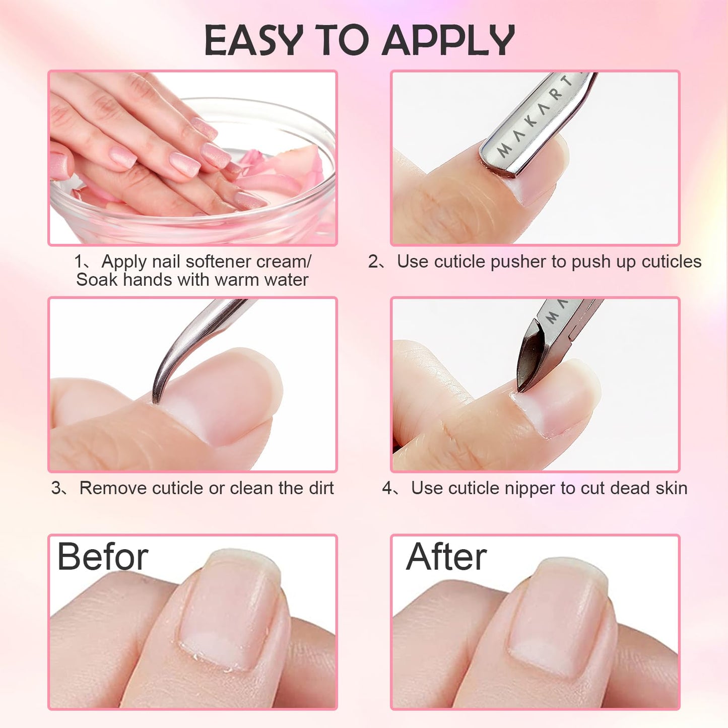 Makartt Cuticle Trimmer with Cuticle Pusher, 3 PCS Pink Nail Cuticle Nipper Professional Pedicure Manicure Tools with Stainless Steel Dual End Pusher, Nail Scraper