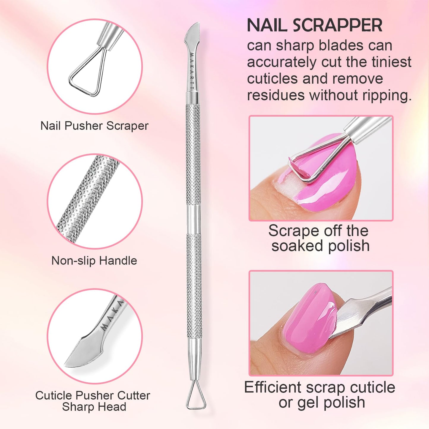 Makartt Cuticle Trimmer with Cuticle Pusher, 3 PCS Pink Nail Cuticle Nipper Professional Pedicure Manicure Tools with Stainless Steel Dual End Pusher, Nail Scraper