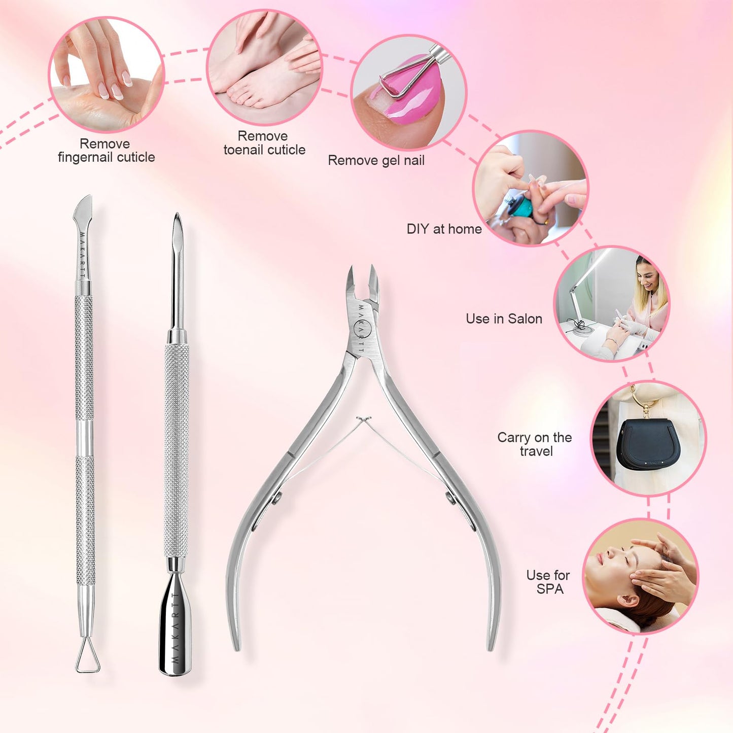 Makartt Cuticle Trimmer with Cuticle Pusher, 3 PCS Pink Nail Cuticle Nipper Professional Pedicure Manicure Tools with Stainless Steel Dual End Pusher, Nail Scraper