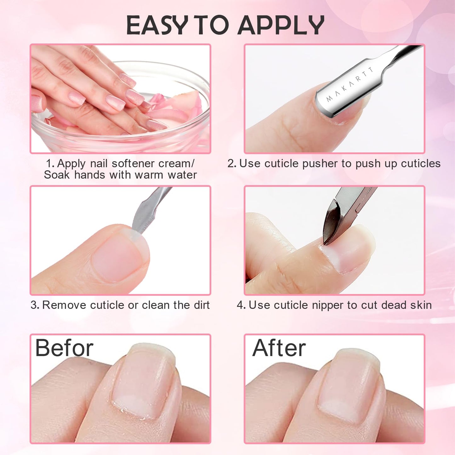 Makartt Cuticle Trimmer with Cuticle Pusher, 3 PCS Pink Nail Cuticle Nipper Professional Pedicure Manicure Tools with Stainless Steel Dual End Pusher, Nail Scraper