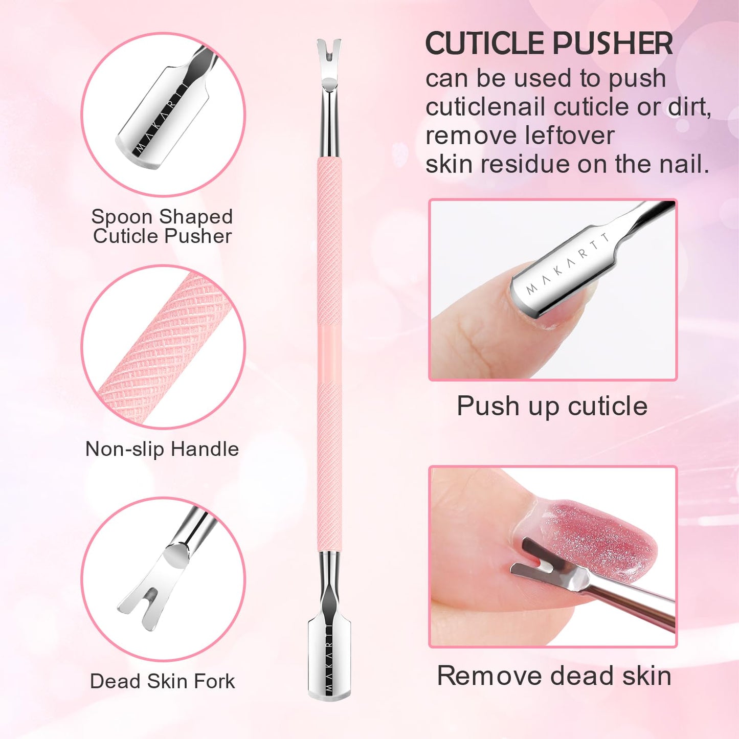 Makartt Cuticle Trimmer with Cuticle Pusher, 3 PCS Pink Nail Cuticle Nipper Professional Pedicure Manicure Tools with Stainless Steel Dual End Pusher, Nail Scraper