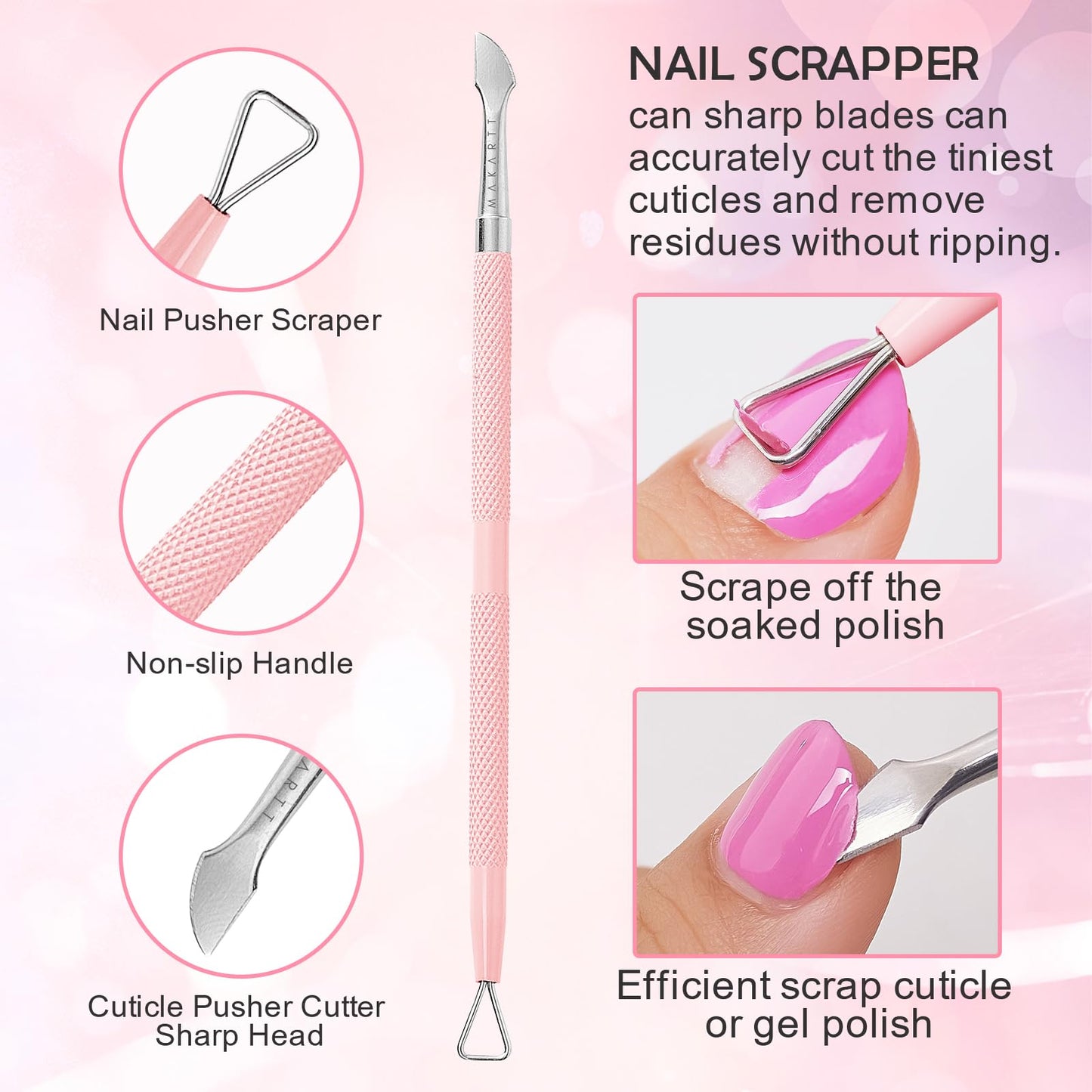 Makartt Cuticle Trimmer with Cuticle Pusher, 3 PCS Pink Nail Cuticle Nipper Professional Pedicure Manicure Tools with Stainless Steel Dual End Pusher, Nail Scraper